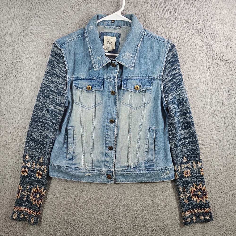 Billabong Denim Jacket Women Medium Button Up Aztec Knit Sleeve Blue